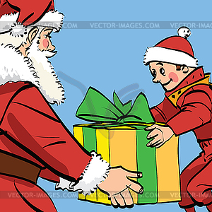 Santa Claus gives boy box of gifts - vector clip art