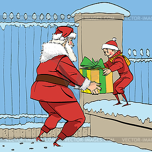 Santa Claus gives boy box of gifts - vector clip art