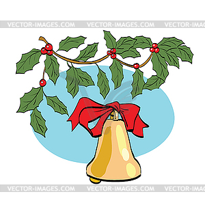 Christmas bell on berry branch - vector image