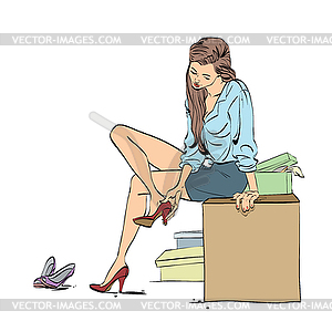 Beautiful young woman trying shoes in store - vector clipart