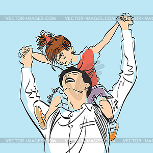 Dad with little girl on his shoulders - vector clipart