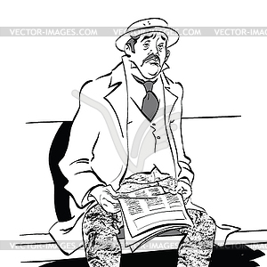 Ретро мужчина с газетой на скамейке - иллюстрация в векторном формате