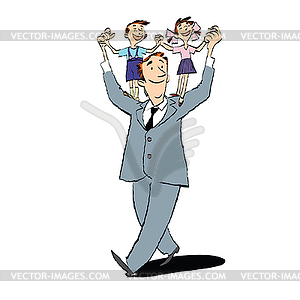 Happy father with children on their shoulders - vector image