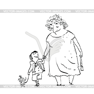 Grandma, grandson and dog on walk - vector EPS clipart