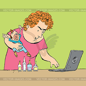 Mother treats child, reading medical sites - vector clipart