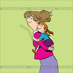 Mother pushing daughter on back - vector clip art