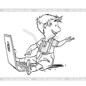 Boy sits with his laptop - vector clip art