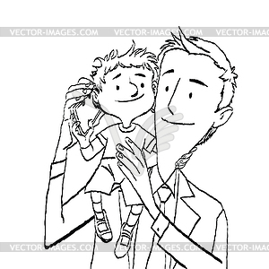 Dad and son talking on smartphone - white & black vector clipart