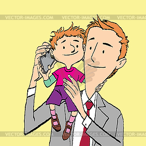 Dad and son talking on smartphone - vector clip art
