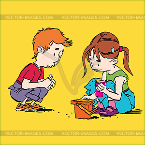 Boy and girl playing in sandbox - vector clipart