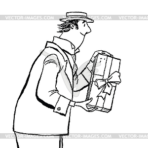 Retro man gives gift - vector EPS clipart