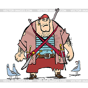 Huge funny pirate and seagulls - vector image