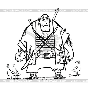 Huge funny pirate and seagulls - vector clipart