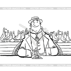 Joyful retro man in restaurant by sea - vector clip art