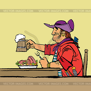 Храбрый пират ест в трактире - векторное изображение EPS