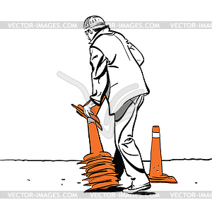 Road worker puts traffic cones - vector clipart