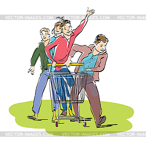 Young people with grocery cart - vector clip art