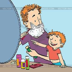 Dad shaves son watches - vector clip art