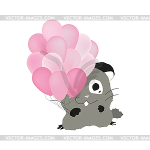Hamster with beautiful pink balloons - vector clip art