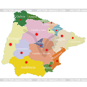 Map of Spain and Portugal on areas - royalty-free vector clipart