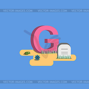 Letter of alphabet - G. Grenade, gear, grave - vector image