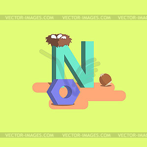 Letter of alphabet - N. Nest, nut - vector clip art