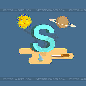 Буква алфавита - С. Sun, сатурн, акула, - иллюстрация в векторном формате