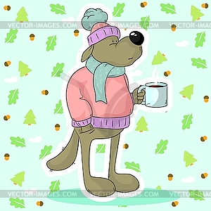 Funny wolf drinking hot tea - vector clipart