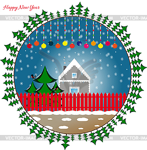 Postcard happy new year snowflake and bullfinch - vector EPS clipart