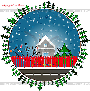 Postcard happy new year snowflake and bullfinch - vector clip art