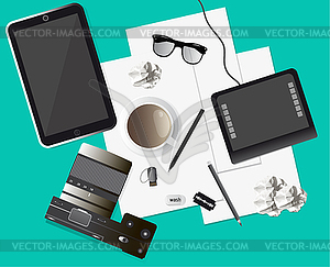 Creative mess on table, top view - vector clip art