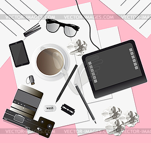 Creative mess on the table, top view cup desk - vector clip art