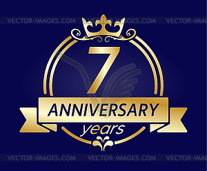 7 year anniversary. Gold round frame with crown - vector image