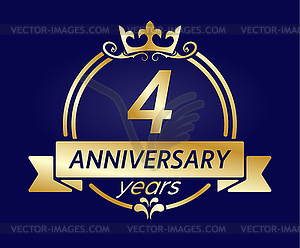 4 year anniversary. Gold round frame with crown - vector clipart