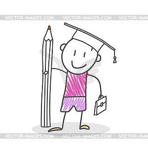 Cartoon character of boy with pencil, briefcase - vector clipart