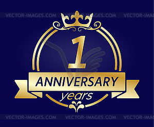 1 year anniversary. Gold round frame with crown - vector clip art