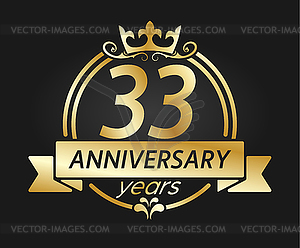 33 year anniversary. Gold round frame with crown an - vector clipart