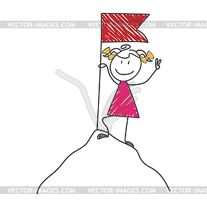 Cartoon character of girl with flag on top of - vector clipart