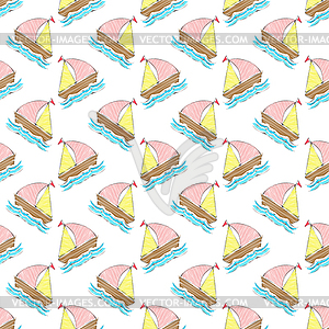 Boat on waves. Seamless pattern for texture, - vector clipart