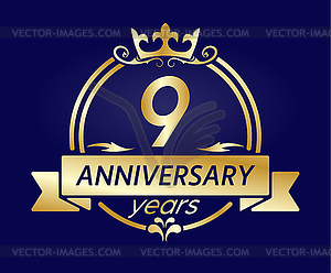 9 year anniversary. Gold round frame with crown - vector clipart / vector image
