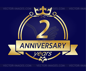 2 year anniversary. Gold round frame with crown - vector image