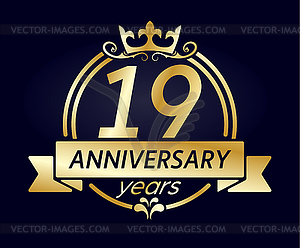 19 year anniversary. Gold round frame with crown an - vector image