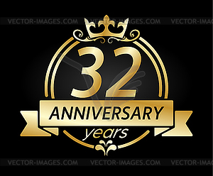 32 year anniversary. Gold round frame with crown an - vector clip art