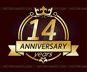 14 year anniversary. Gold round frame with crown an - color vector clipart