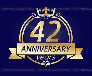 42 year anniversary. Gold round frame with crown an - vector clip art