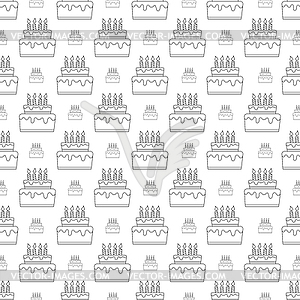 Seamless pattern of birthday cakes with candles - white & black vector clipart