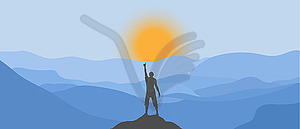 Silhouette of man on top of mountain and sun rising - vector image