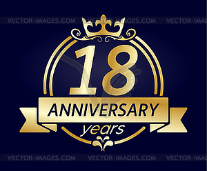 18 year anniversary. Gold round frame with crown an - vector clipart