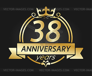 38 year anniversary. Gold round frame with crown an - vector clipart