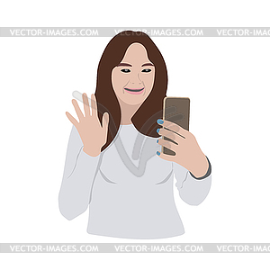 Woman is talking on phone via video link and - color vector clipart